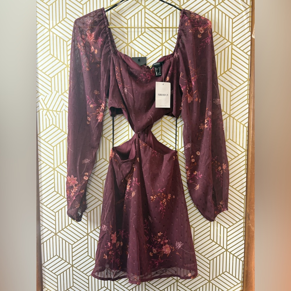 Forever 21 Maroon Floral Long Sleeve Dress medium